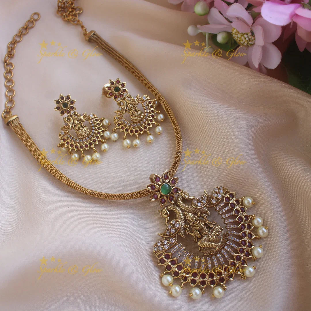 Idol Lakshmi Peacock Pendant Floral Choker - Sparkle and Glow