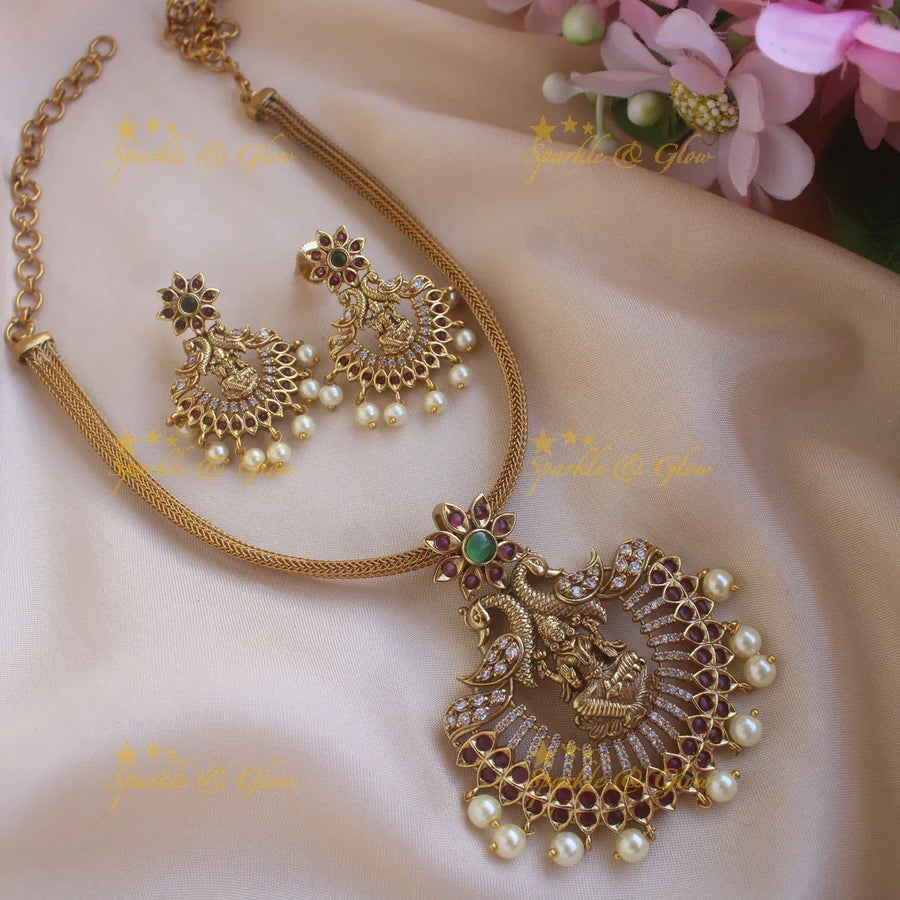 Idol Lakshmi Peacock Pendant Floral Choker - Sparkle and Glow