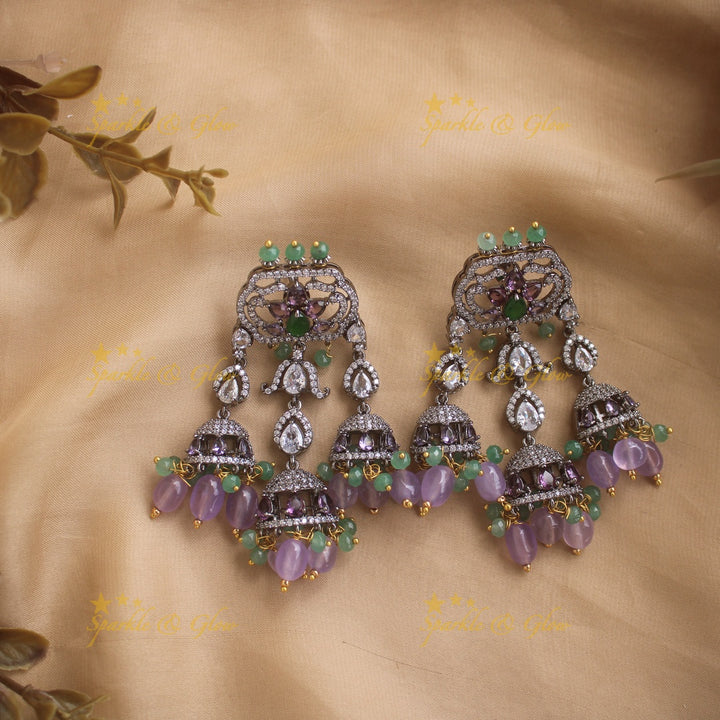 Gorgeous Peacock design black finish victorian AD short necklace with jhumuka drops green stones pink and purple beads