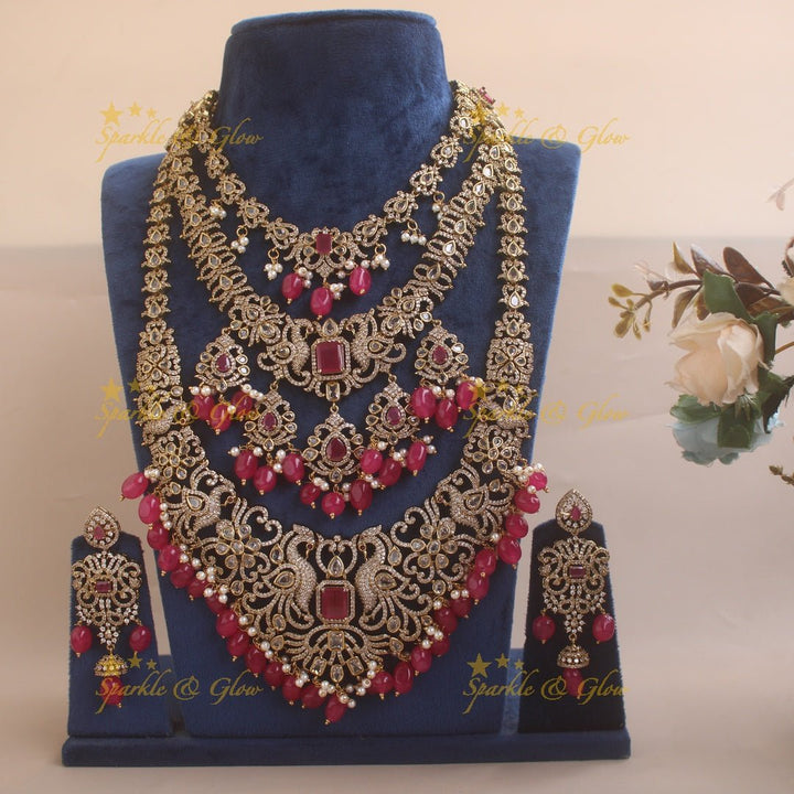 Grand Bridal Peacock floral design three layer Victorian AD haram with pink beads - Sparkle and Glow - Back Thread - 