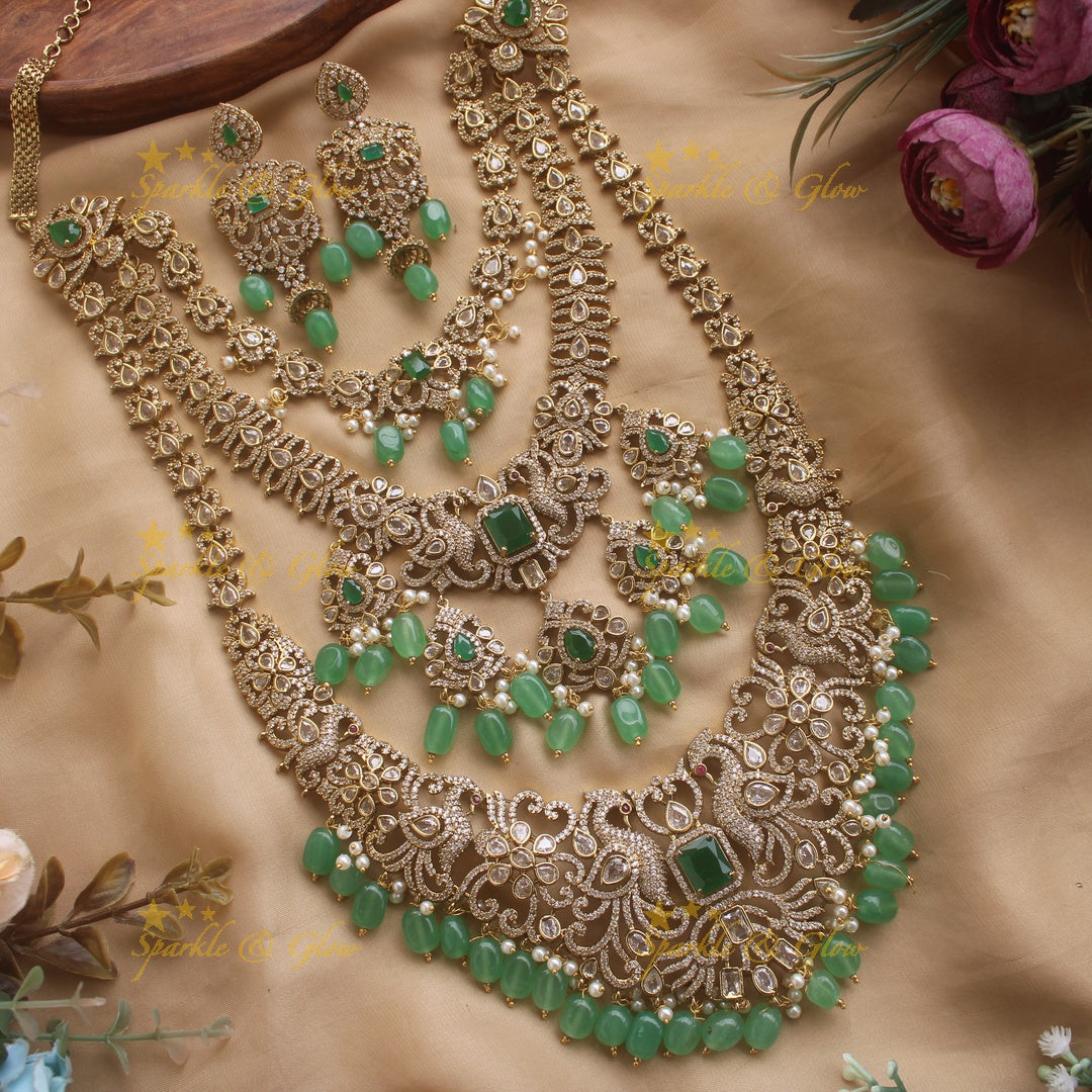 Grand Bridal Peacock floral design three layer Victorian AD haram with green beads