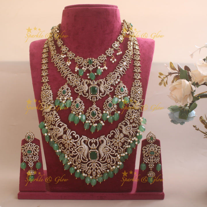 Grand Bridal Peacock floral design three layer Victorian AD haram with green beads