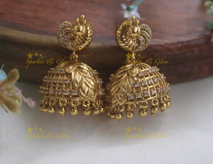Peacock Charm AD Jhumka Earrings - Studded Design