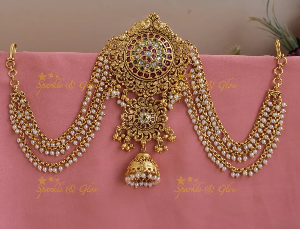 Stunning Dual Tone Kemp Floral jhumuka design Jada billa with pearl Maatil-RedWhiteGreen stone - Sparkle and Glow