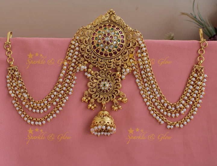 Stunning Dual Tone Kemp Floral jhumuka design Jada billa with pearl Maatil-RedWhiteGreen stone - Sparkle and Glow