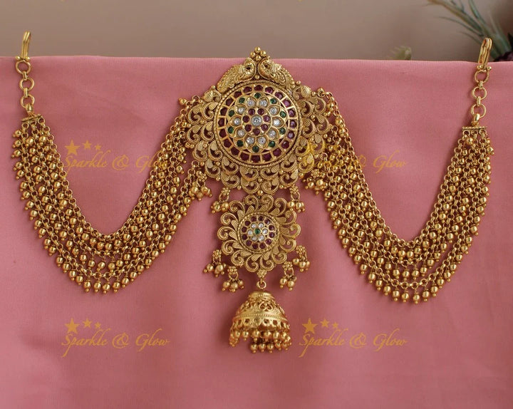 Stunning Dual Tone Kemp Floral jhumuka design Jada billa with pearl Maatil-RedWhiteGreen stone - Sparkle and Glow