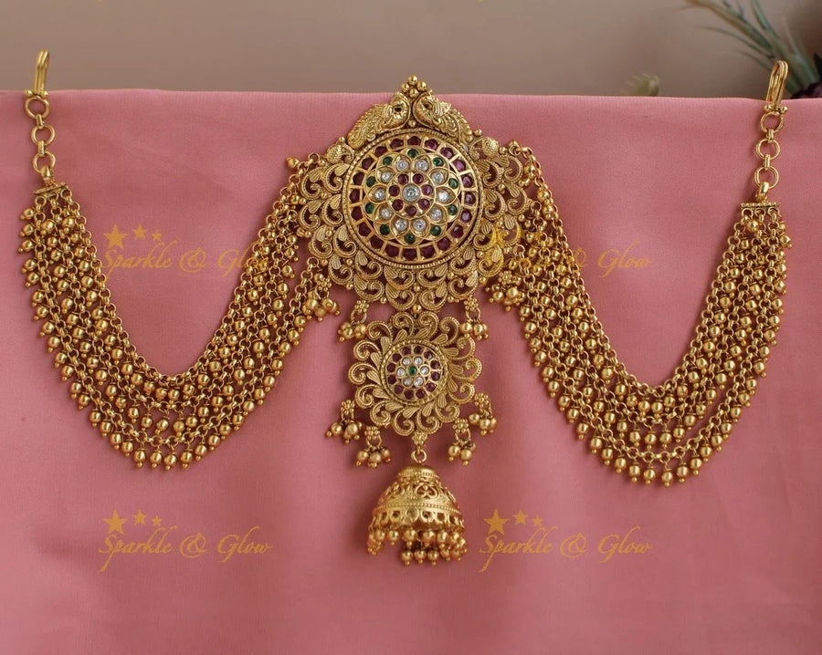Stunning Dual Tone Kemp Floral jhumuka design Jada billa with pearl Maatil-RedWhiteGreen stone - Sparkle and Glow