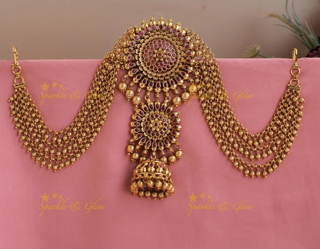 Elegant Kemp Floral Jhumuka design Jada Billa with Gold Maatil-Red stone - Sparkle and Glow