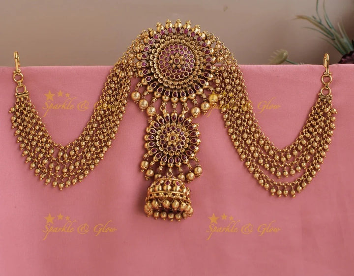 Elegant Kemp Floral Jhumuka design Jada Billa with Gold Maatil-Red stone - Sparkle and Glow