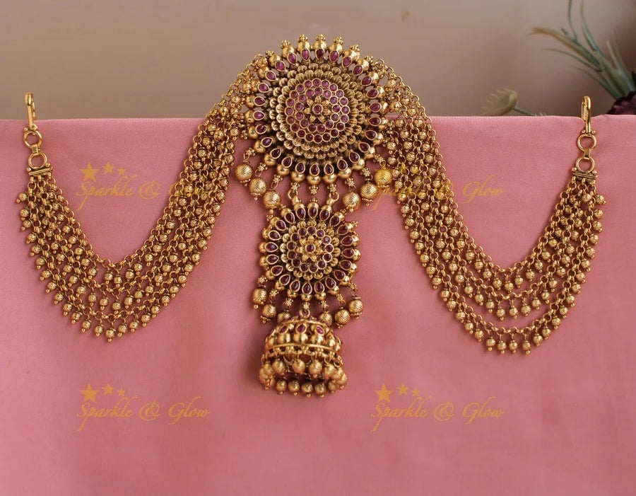 Elegant Kemp Floral Jhumuka design Jada Billa with Gold Maatil-Red stone - Sparkle and Glow