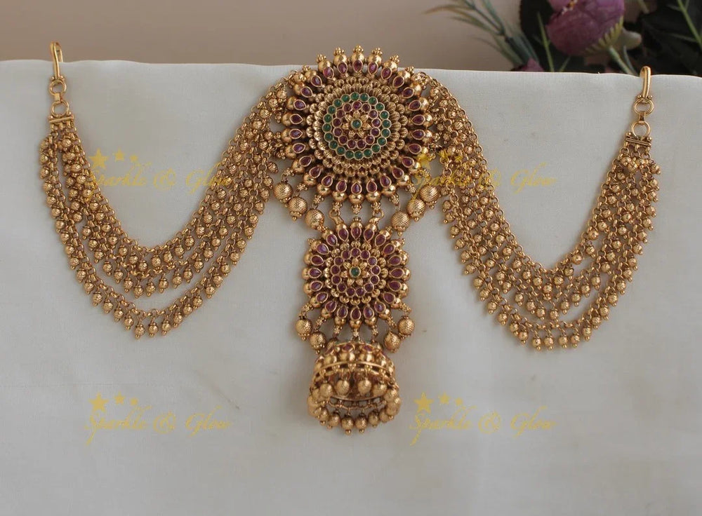 Elegant Kemp Floral Jhumuka design Jada Billa with Gold Maatil-Red stone - Sparkle and Glow