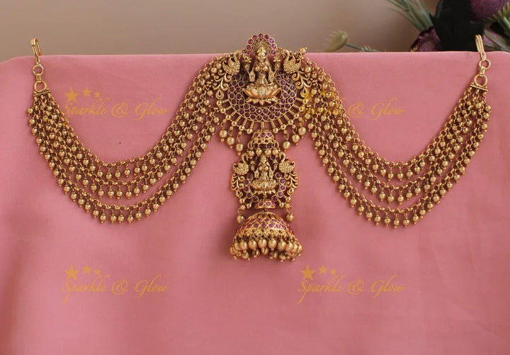 Sparkling Idol Lakshmi Peacock Carved Kemp Jada billa with Gungroo Maatil- Red stone - Sparkle and Glow