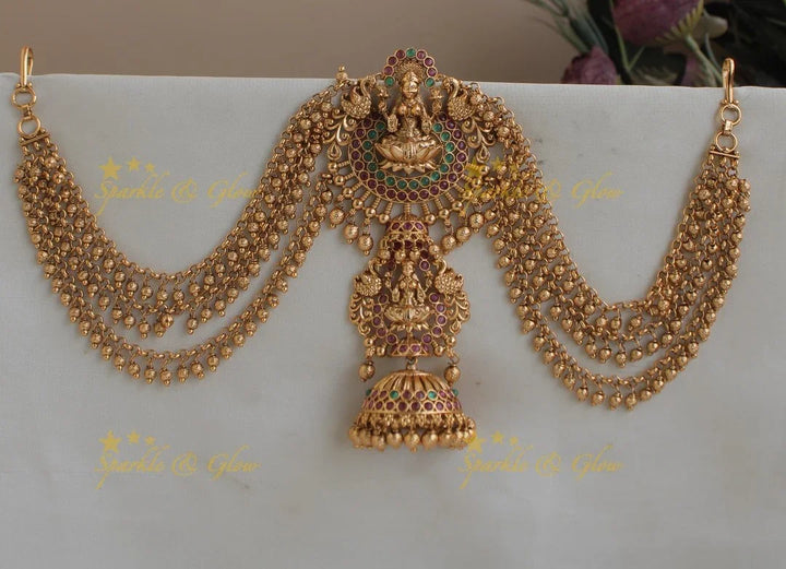 Sparkling Idol Lakshmi Peacock Carved Kemp Jada billa with Gungroo Maatil- Red stone - Sparkle and Glow