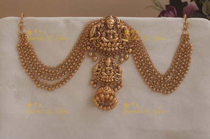 Beautiful Dual Tone Lakshmi Peacock Jhumuka Droppings Jada billa with Gungroo Maatil- Red Stone - Sparkle and Glow