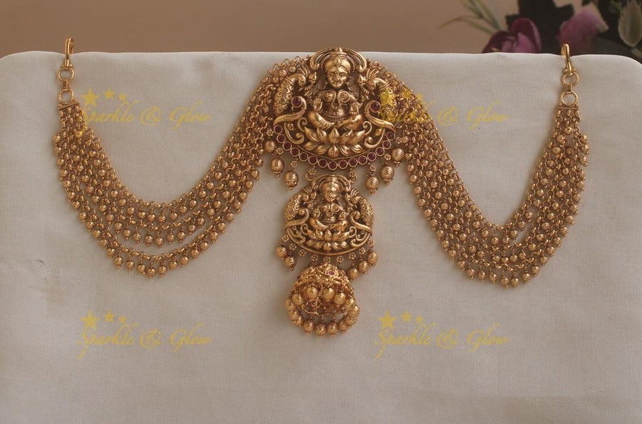 Beautiful Dual Tone Lakshmi Peacock Jhumuka Droppings Jada billa with Gungroo Maatil- Red Stone - Sparkle and Glow