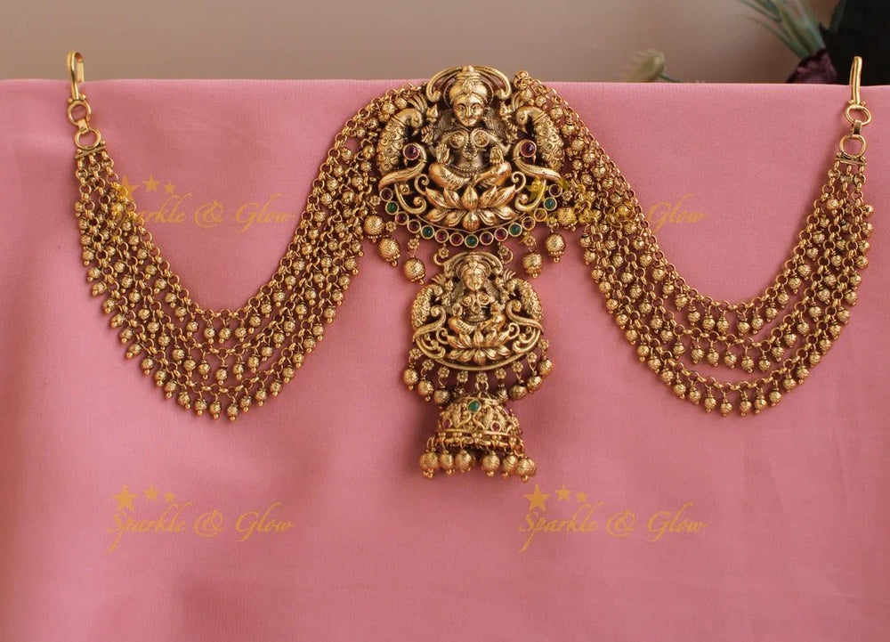 Beautiful Dual Tone Lakshmi Peacock Jhumuka Droppings Jada billa with Gungroo Maatil- Red Stone - Sparkle and Glow
