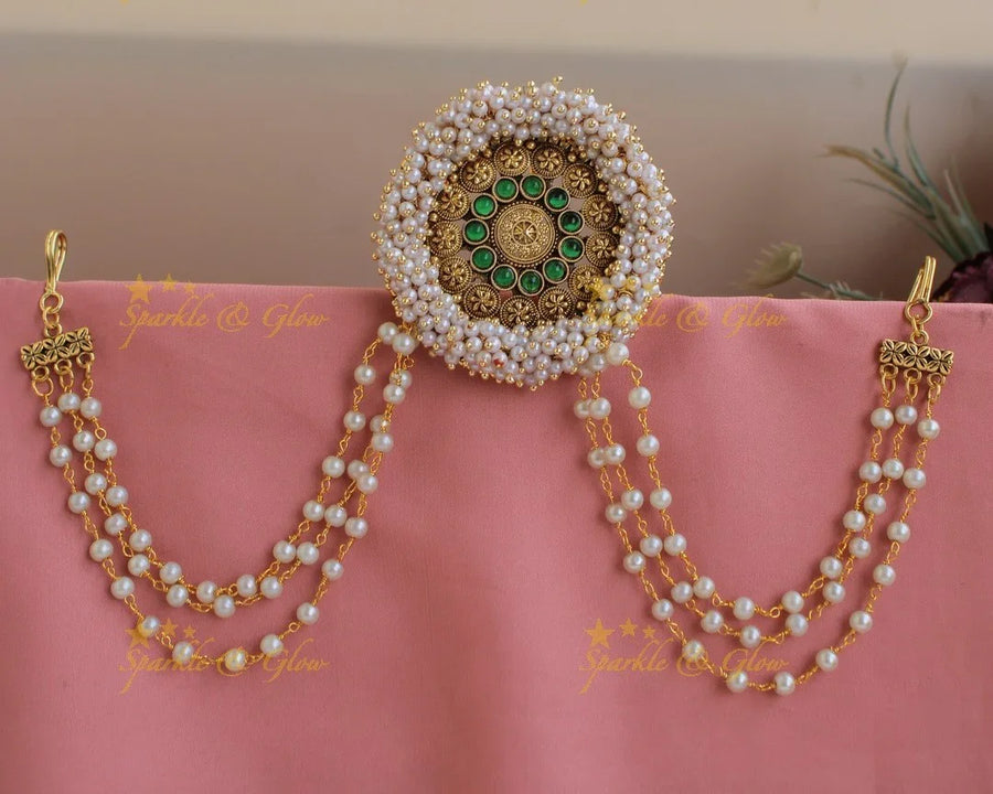 Elegant Cluster Pearl Floral Emerald Jada billa with Pearl maatil- Green - Sparkle and Glow