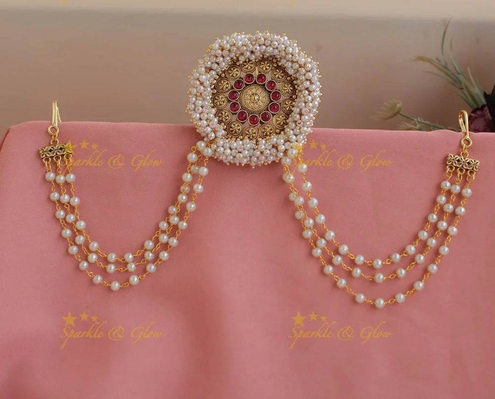 Elegant Cluster Pearl Floral Emerald Jada billa with Pearl maatil- Green - Sparkle and Glow