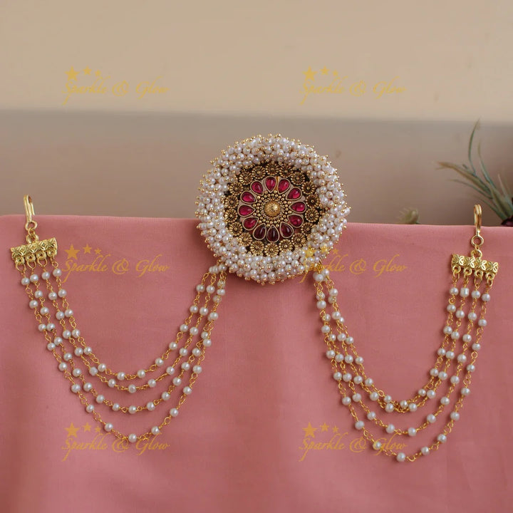Stunning Cluster Pearl Floral Emerald Jada billa with Pearl Maatil-Red - Sparkle and Glow