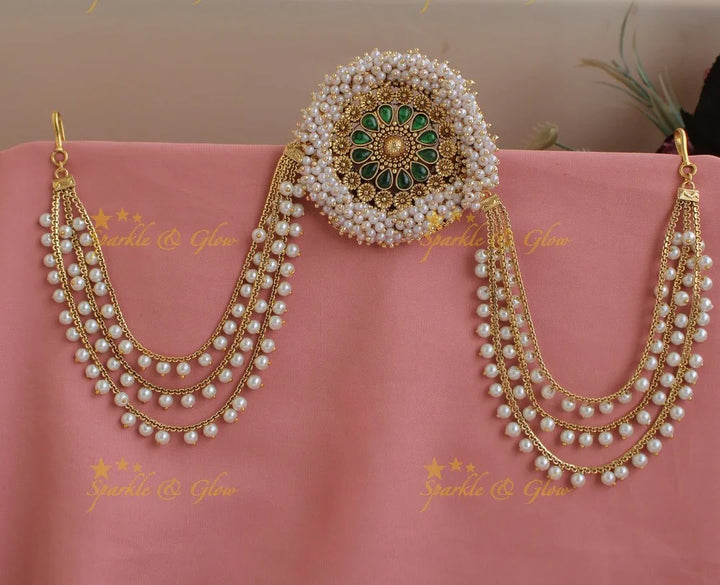 Stunning Cluster Pearl Floral Emerald Jada billa with Pearl Maatil-Red - Sparkle and Glow