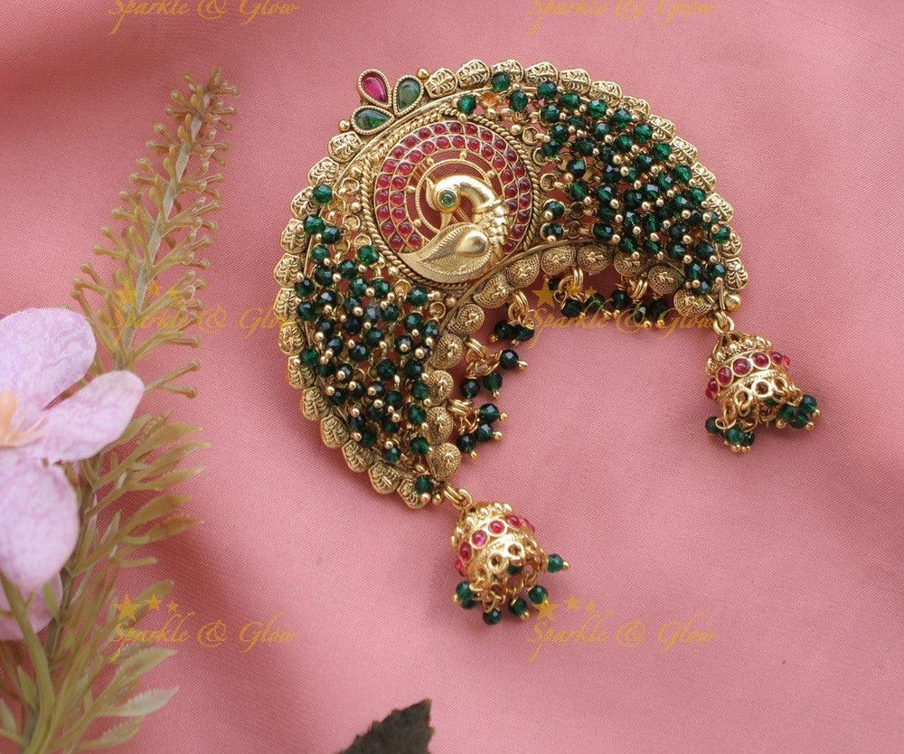 Kemp Peacock Cluster Gungroo Bun bellai with Jhumuka Hangings-Red - Sparkle and Glow