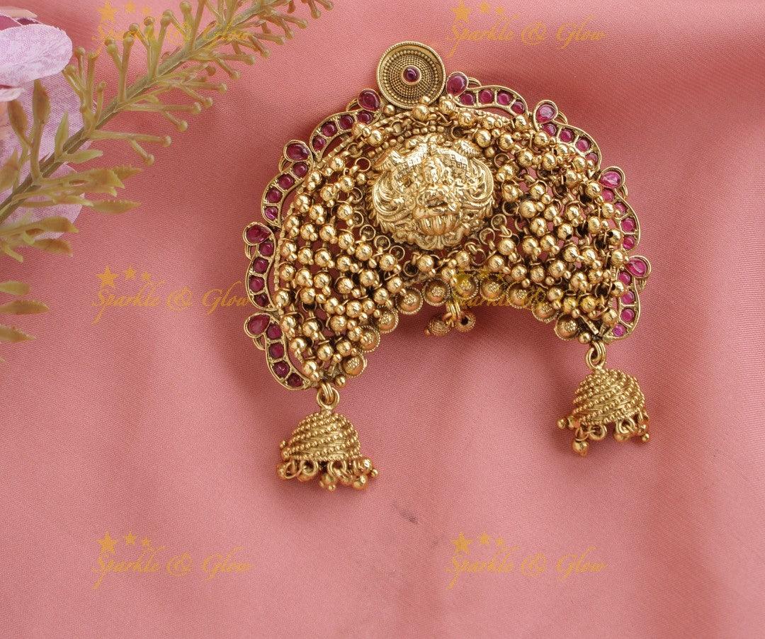Idol Lakshmi Peacock Cluster Gungroo Bun bellai with Jhumuka Hangings-Red-green - Sparkle and Glow