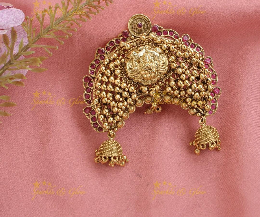 Idol Lakshmi Peacock Cluster Gungroo Bun bellai with Jhumuka Hangings-Red-green - Sparkle and Glow