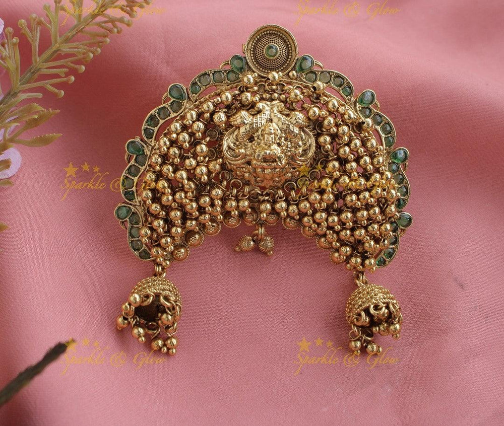 Idol Lakshmi Peacock Cluster Gungroo Bun bellai with Jhumuka Hangings-Red-green - Sparkle and Glow
