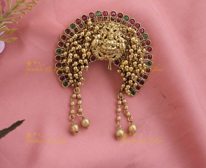 Kemp Lakshmi Elepahnt gold cluster Hair pin with gold beads hangings-Redgreen - Sparkle and Glow