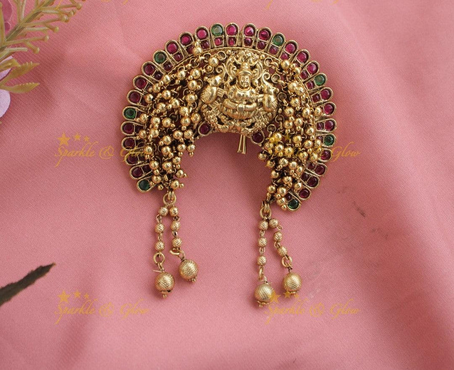 Kemp Lakshmi Elepahnt gold cluster Hair pin with gold beads hangings-Redgreen - Sparkle and Glow