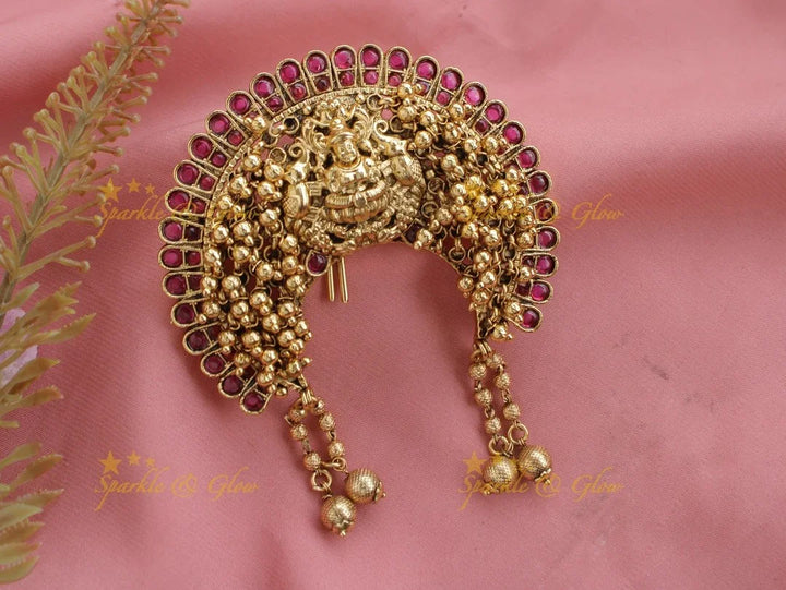 Kemp Lakshmi Elepahnt gold cluster Hair pin with gold beads hangings-Redgreen - Sparkle and Glow