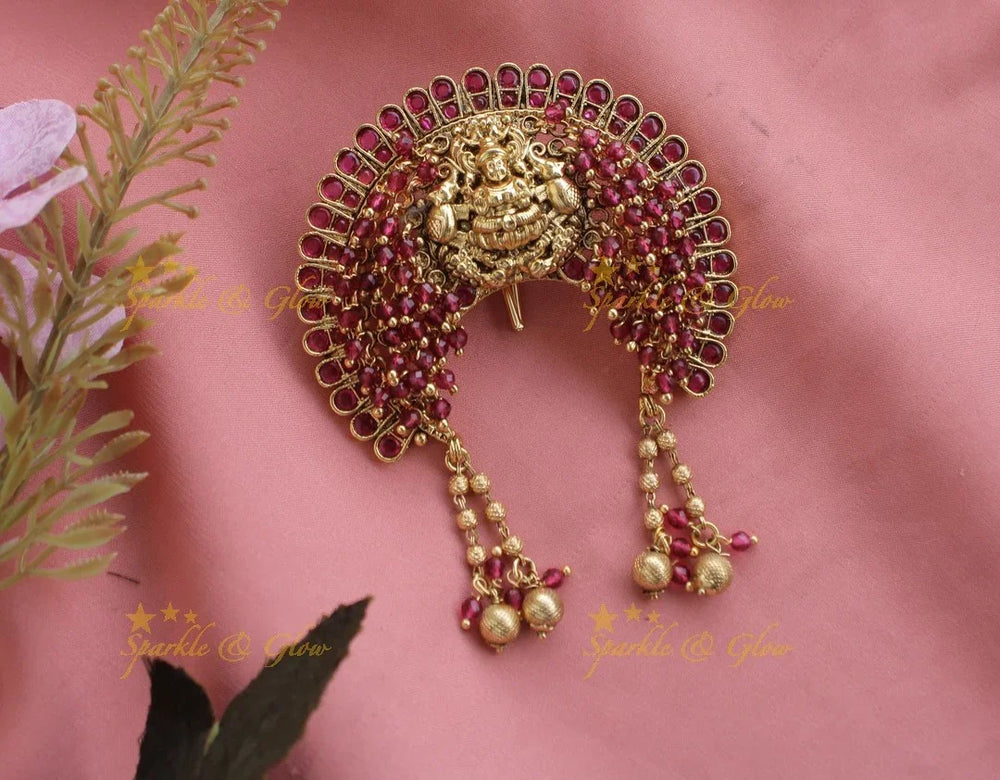 Kemp Lakshmi Elepahnt gold cluster Hair pin with gold beads hangings-Redgreen - Sparkle and Glow