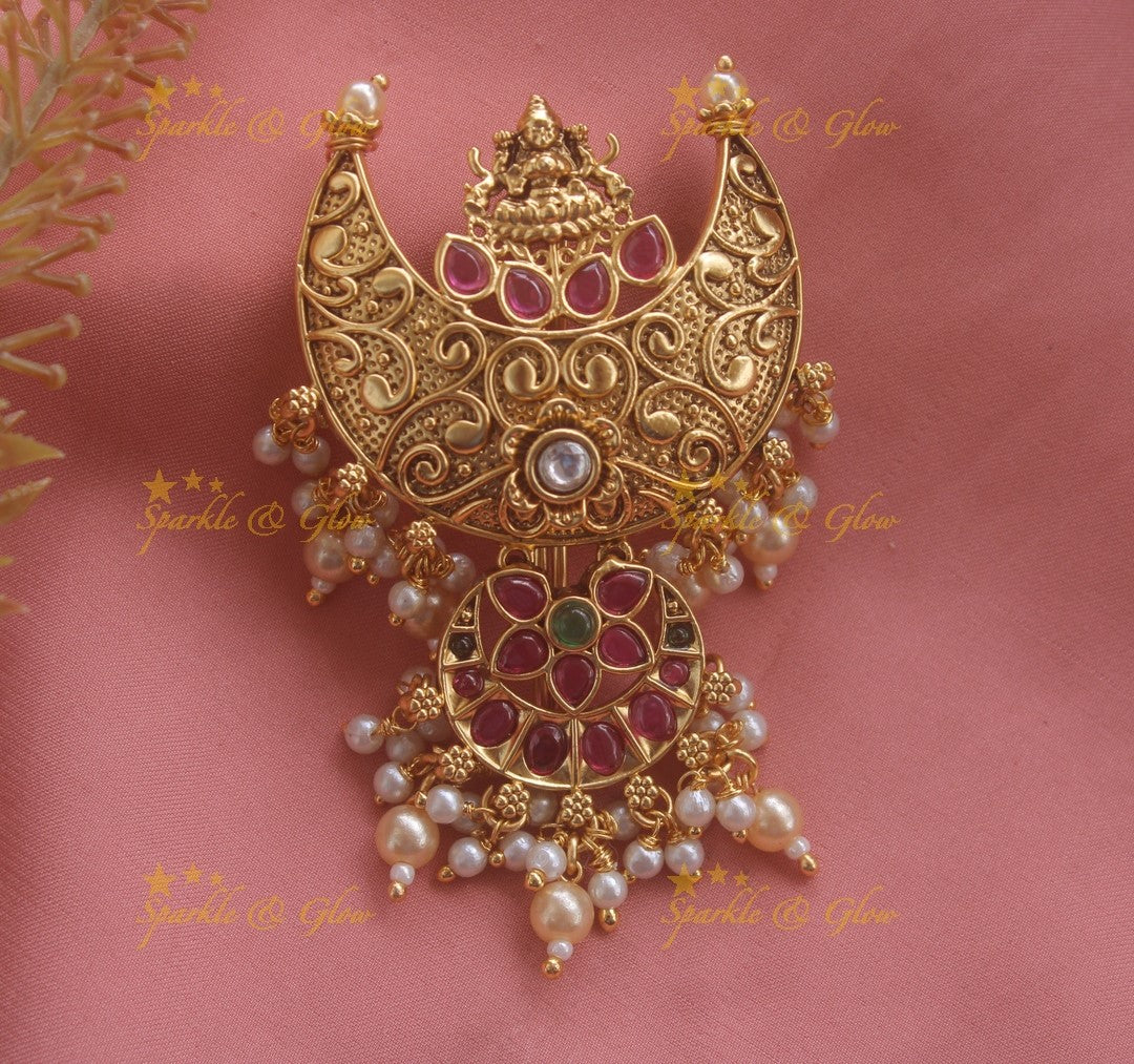 Idol Lakshmi floral carved half moon gutta pusalu hair pin
