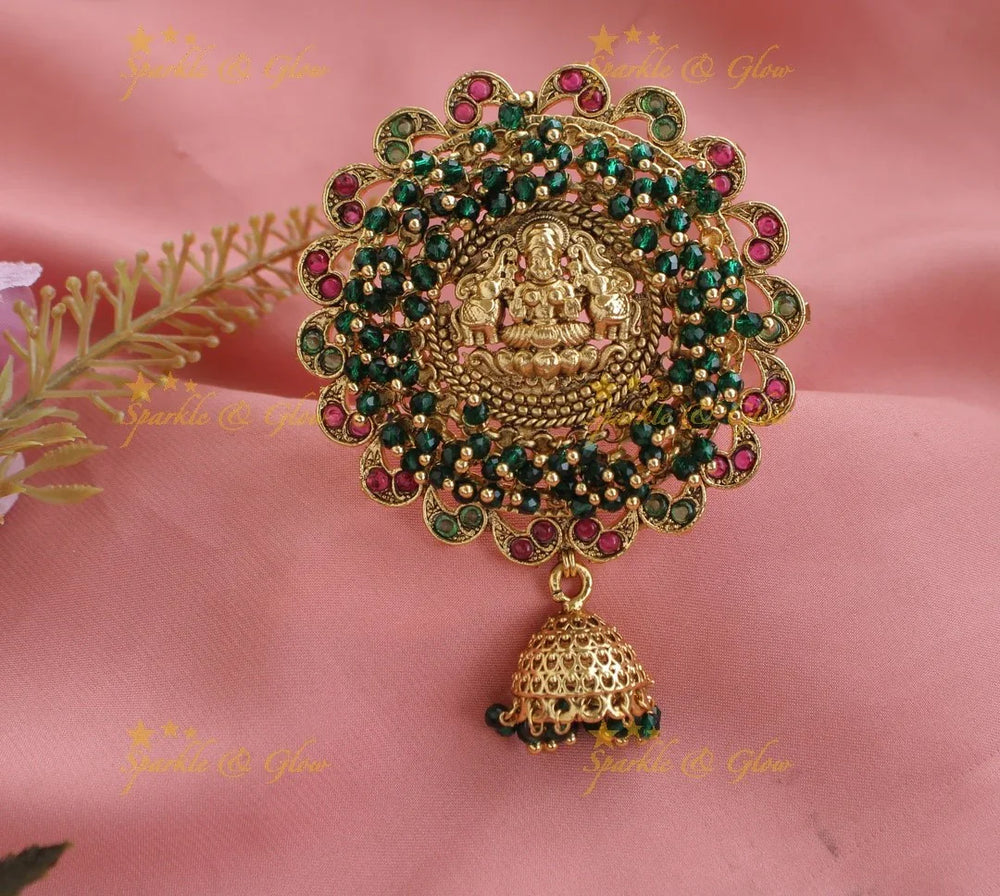 Elegant Circle design Lakshmi elephant carved cluster beaded hair pin- Green beads - Sparkle and Glow