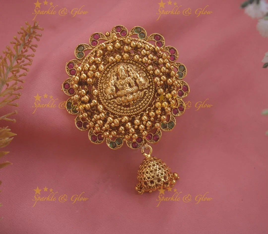 Elegant Circle design Lakshmi elephant carved cluster beaded hair pin- Green beads - Sparkle and Glow
