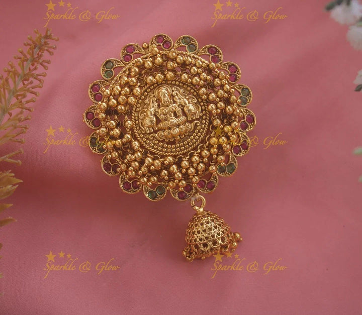 Elegant Circle design Lakshmi elephant carved cluster beaded hair pin- Green beads - Sparkle and Glow