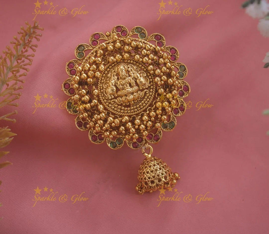 Elegant Circle design Lakshmi elephant carved cluster beaded hair pin- Green beads - Sparkle and Glow