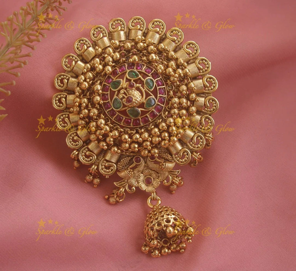 Elegant Peacock design cluster gold beads Hair pin with jhumuka droppings- Gold beads - Sparkle and Glow