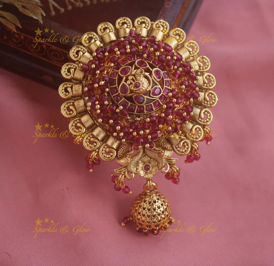 Elegant Peacock design cluster gold beads Hair pin with jhumuka droppings- Gold beads - Sparkle and Glow