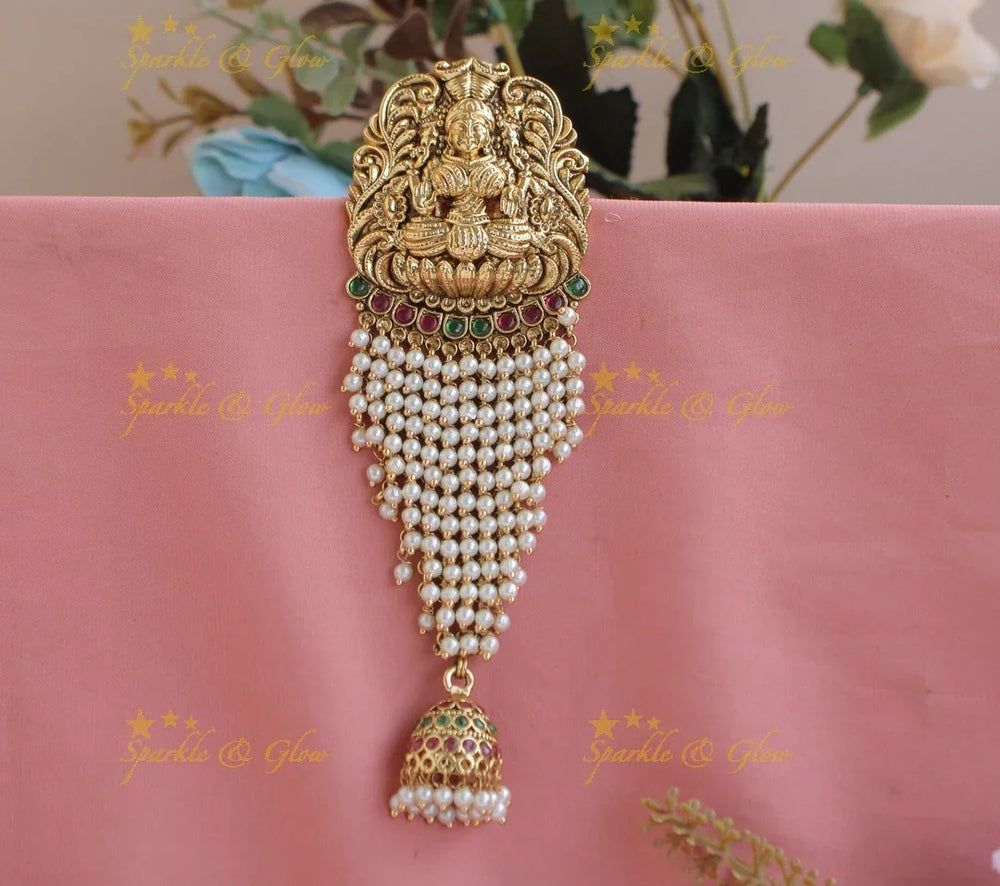 Idol Lakshmi mermaid design cluster pearl hair pin with jhumuka droppings- Pearl beads - Sparkle and Glow