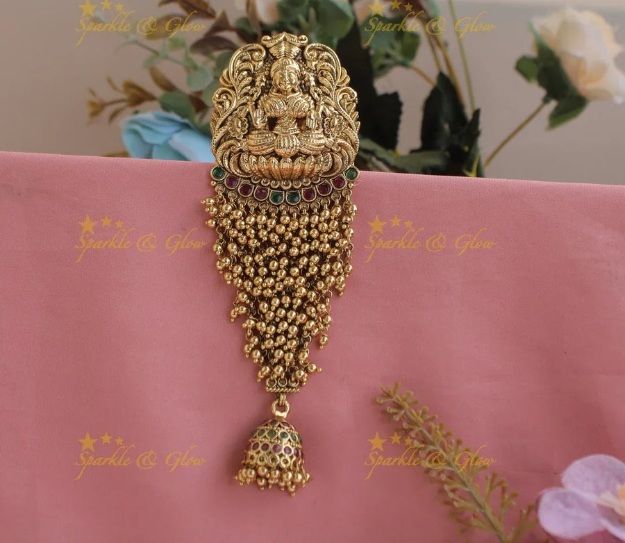 Idol Lakshmi mermaid design cluster pearl hair pin with jhumuka droppings- Pearl beads - Sparkle and Glow