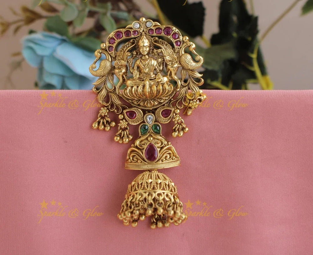Intricately Carved Lakshmi mango Elephant hair pin with jhumuka droppings-Multi - Sparkle and Glow