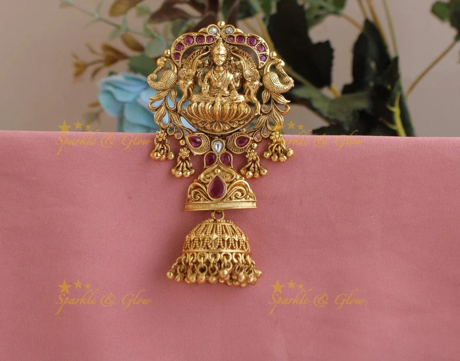 Intricately Carved Lakshmi mango Elephant hair pin with jhumuka droppings-Multi - Sparkle and Glow