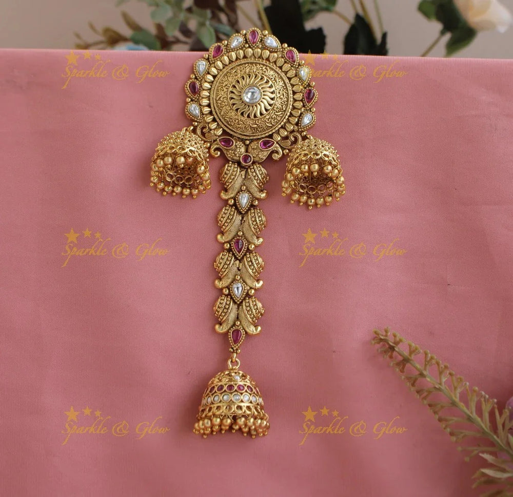 Elegant Sun design Hair pin with Mango jhumuka Hangings- Red-white - Sparkle and Glow
