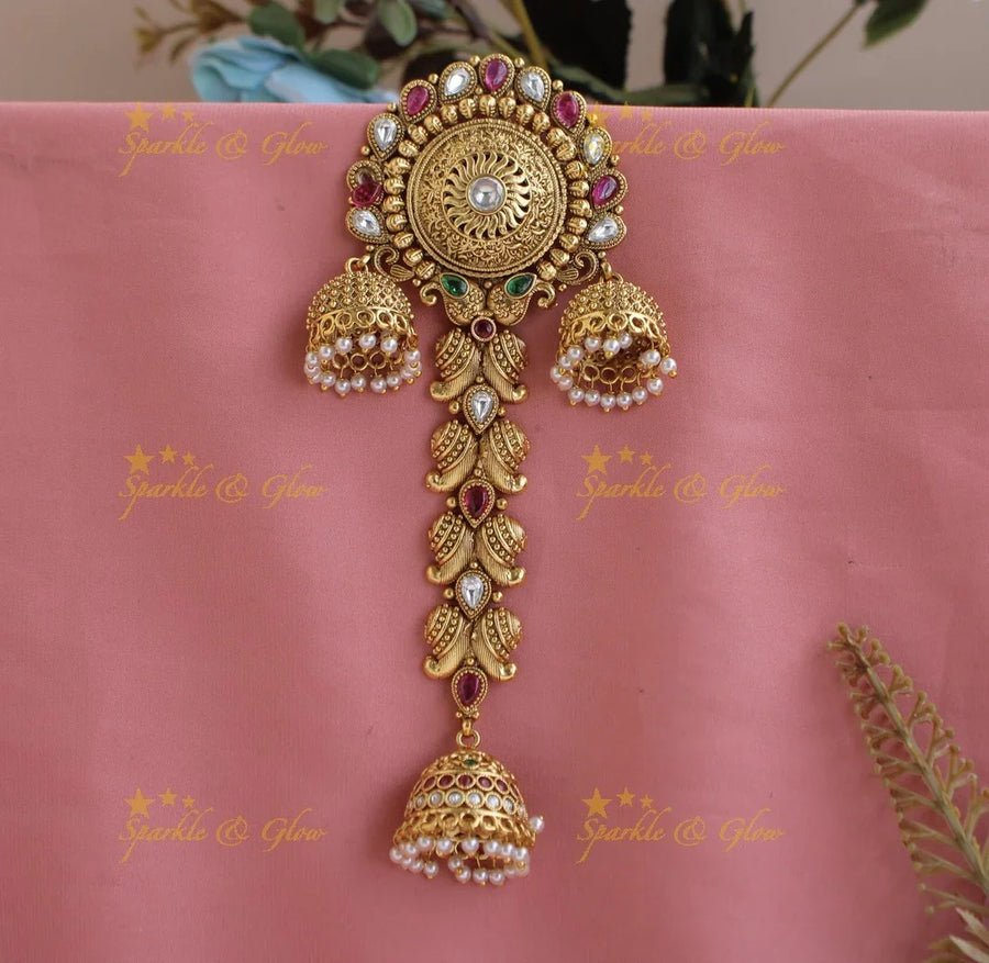 Elegant Sun design Hair pin with Mango jhumuka Hangings- Red-white - Sparkle and Glow