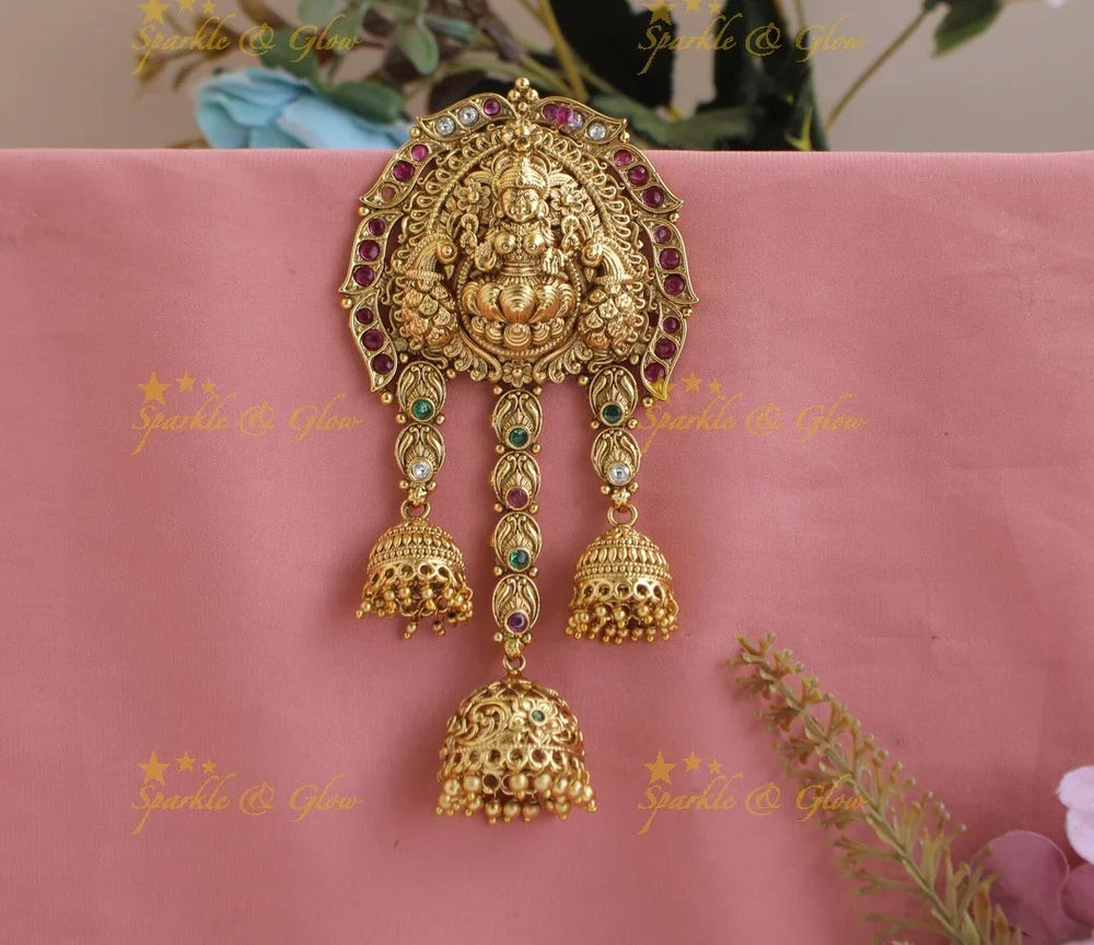 Idol Lakshmi Peacock carved Three Step hair pin with jhumuka droppings-Multi - Sparkle and Glow