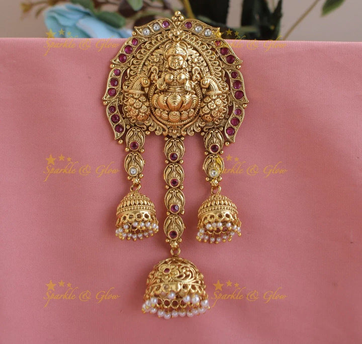 Idol Lakshmi Peacock carved Three Step hair pin with jhumuka droppings-Multi - Sparkle and Glow