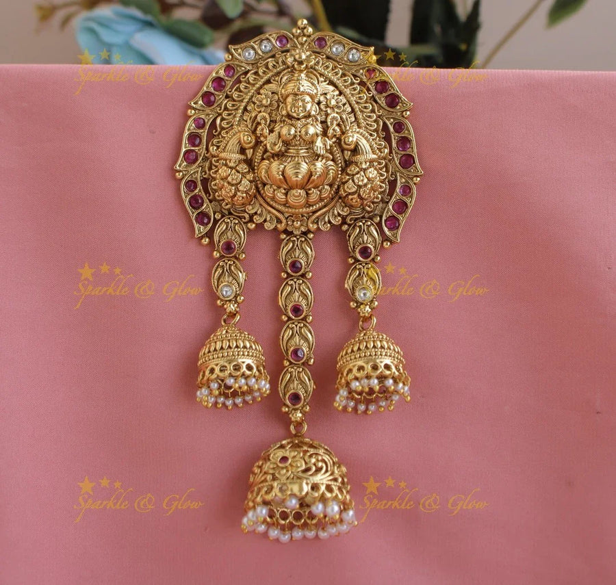 Idol Lakshmi Peacock carved Three Step hair pin with jhumuka droppings-Multi - Sparkle and Glow