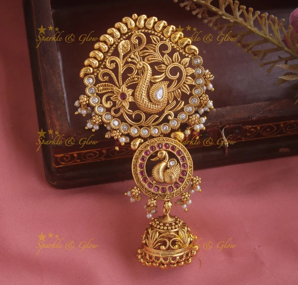 Elegant Peacock Floral Hair pin with jhumuka hangings-Red-White - Sparkle and Glow