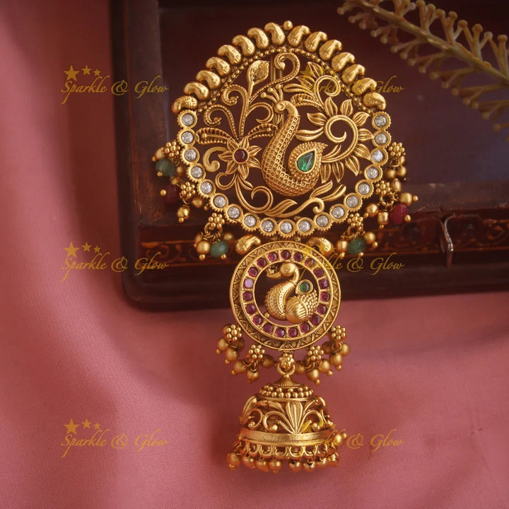 Elegant Peacock Floral Hair pin with jhumuka hangings-Red-White - Sparkle and Glow